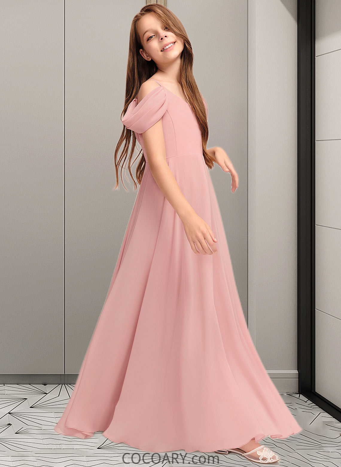 Jaylen A-Line V-neck Floor-Length Chiffon Junior Bridesmaid Dress With Ruffle DA8P0013437