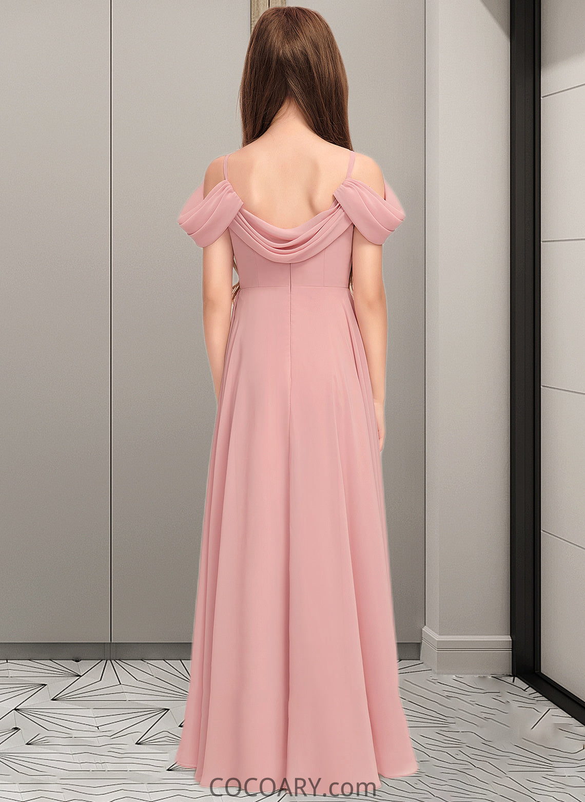 Jaylen A-Line V-neck Floor-Length Chiffon Junior Bridesmaid Dress With Ruffle DA8P0013437