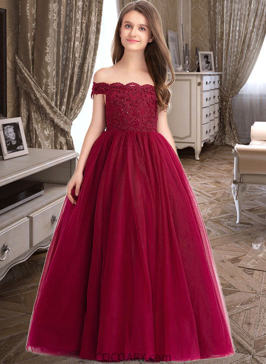 EmeryPiper Ball-Gown/Princess Off-the-Shoulder Floor-Length Tulle Lace Junior Bridesmaid Dress With Beading Sequins DA8P0013440