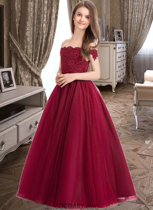 EmeryPiper Ball-Gown/Princess Off-the-Shoulder Floor-Length Tulle Lace Junior Bridesmaid Dress With Beading Sequins DA8P0013440