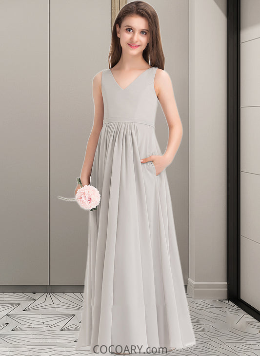 Annabelle A-Line V-neck Floor-Length Chiffon Junior Bridesmaid Dress With Pockets DA8P0013446