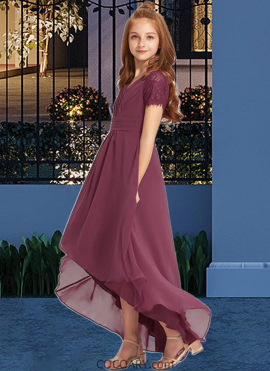 Zaria A-Line V-neck Asymmetrical Chiffon Lace Junior Bridesmaid Dress With Ruffle DA8P0013453