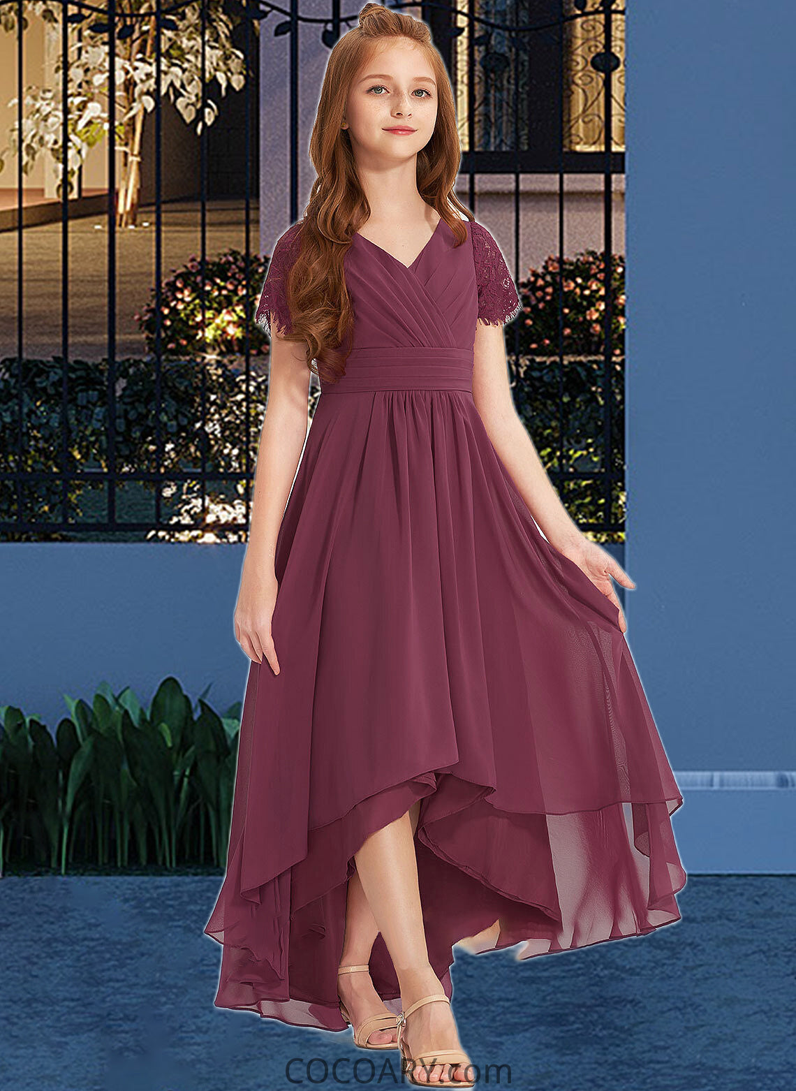 Zaria A-Line V-neck Asymmetrical Chiffon Lace Junior Bridesmaid Dress With Ruffle DA8P0013453