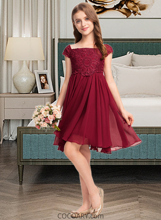 Kristina A-Line Off-the-Shoulder Knee-Length Chiffon Lace Junior Bridesmaid Dress With Bow(s) DA8P0013456