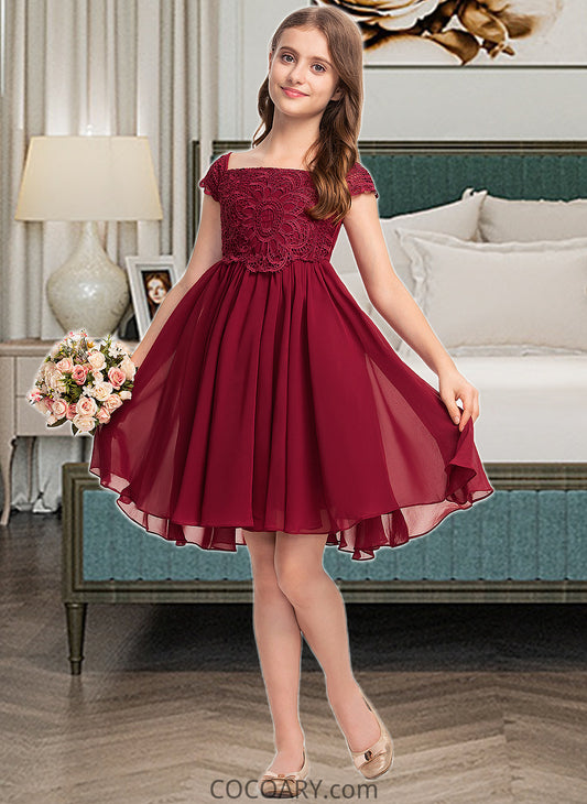 Kristina A-Line Off-the-Shoulder Knee-Length Chiffon Lace Junior Bridesmaid Dress With Bow(s) DA8P0013456