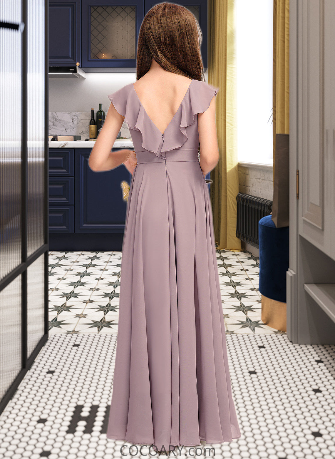 Marin A-Line V-neck Floor-Length Chiffon Junior Bridesmaid Dress With Cascading Ruffles DA8P0013464