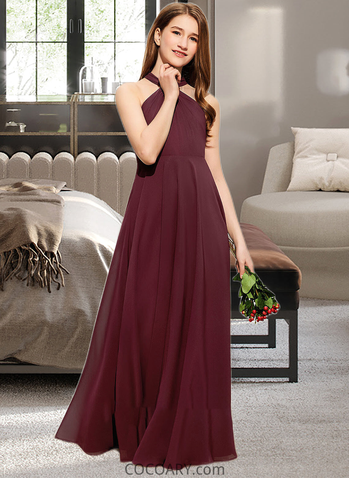 Briana A-Line V-neck Floor-Length Chiffon Junior Bridesmaid Dress With Ruffle DA8P0013468