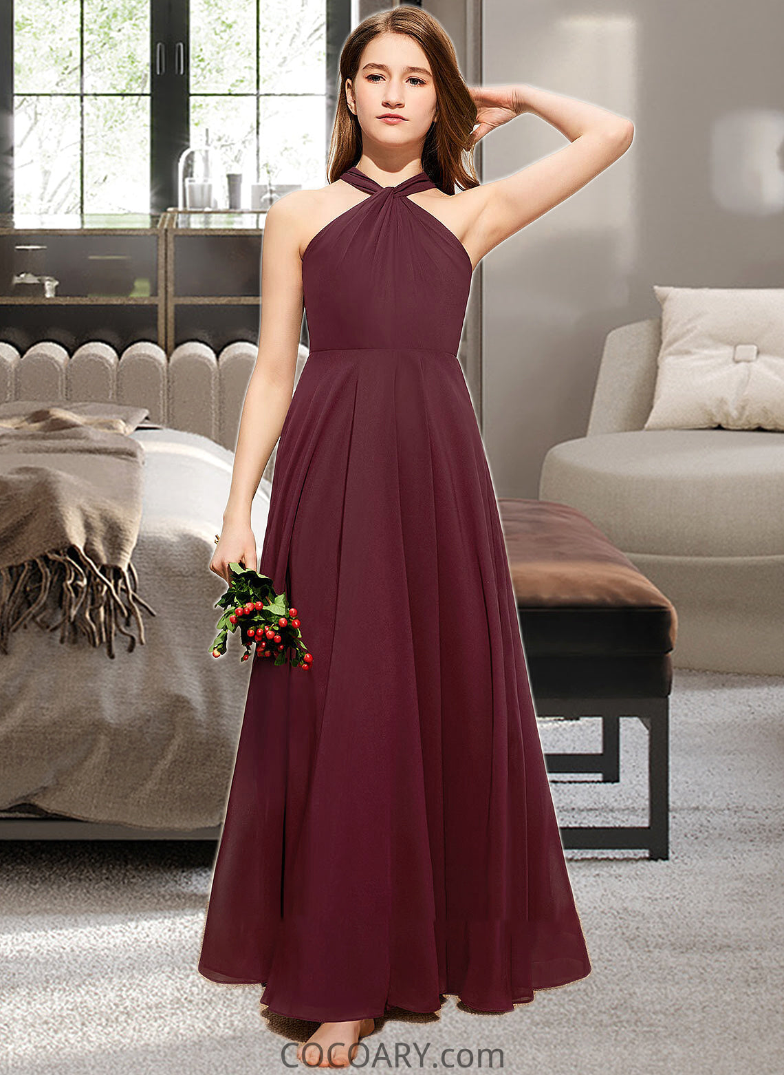 Briana A-Line V-neck Floor-Length Chiffon Junior Bridesmaid Dress With Ruffle DA8P0013468