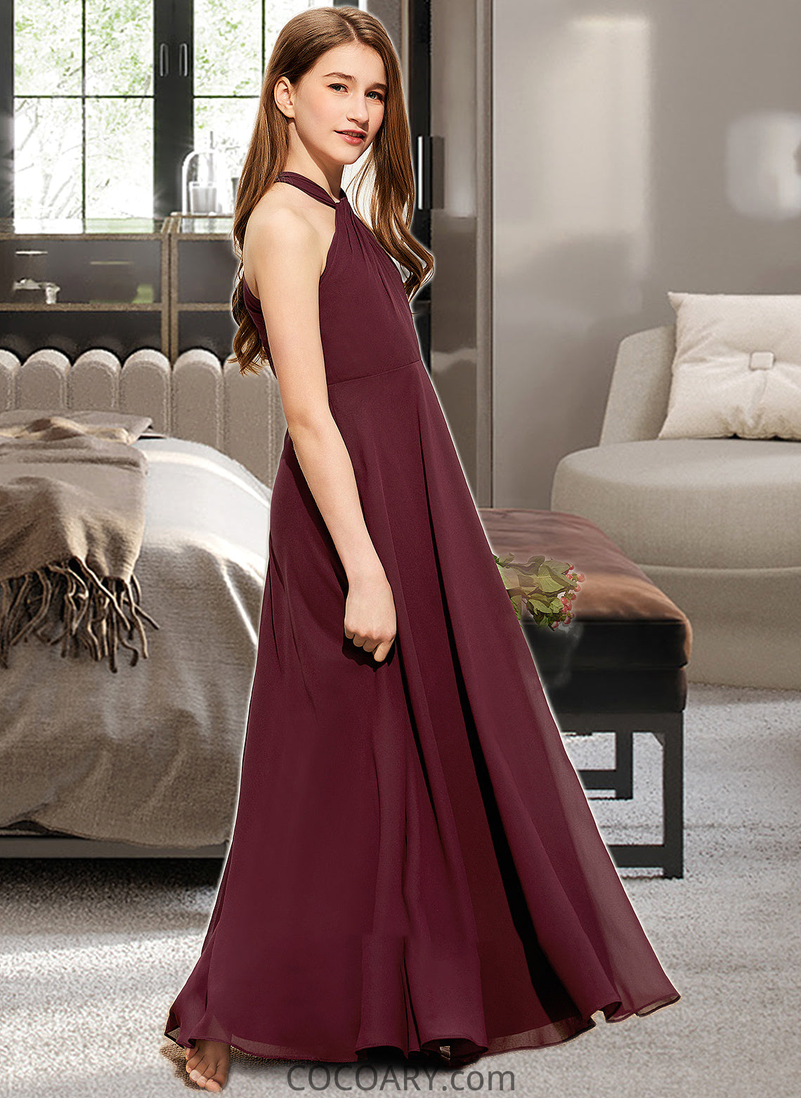 Briana A-Line V-neck Floor-Length Chiffon Junior Bridesmaid Dress With Ruffle DA8P0013468