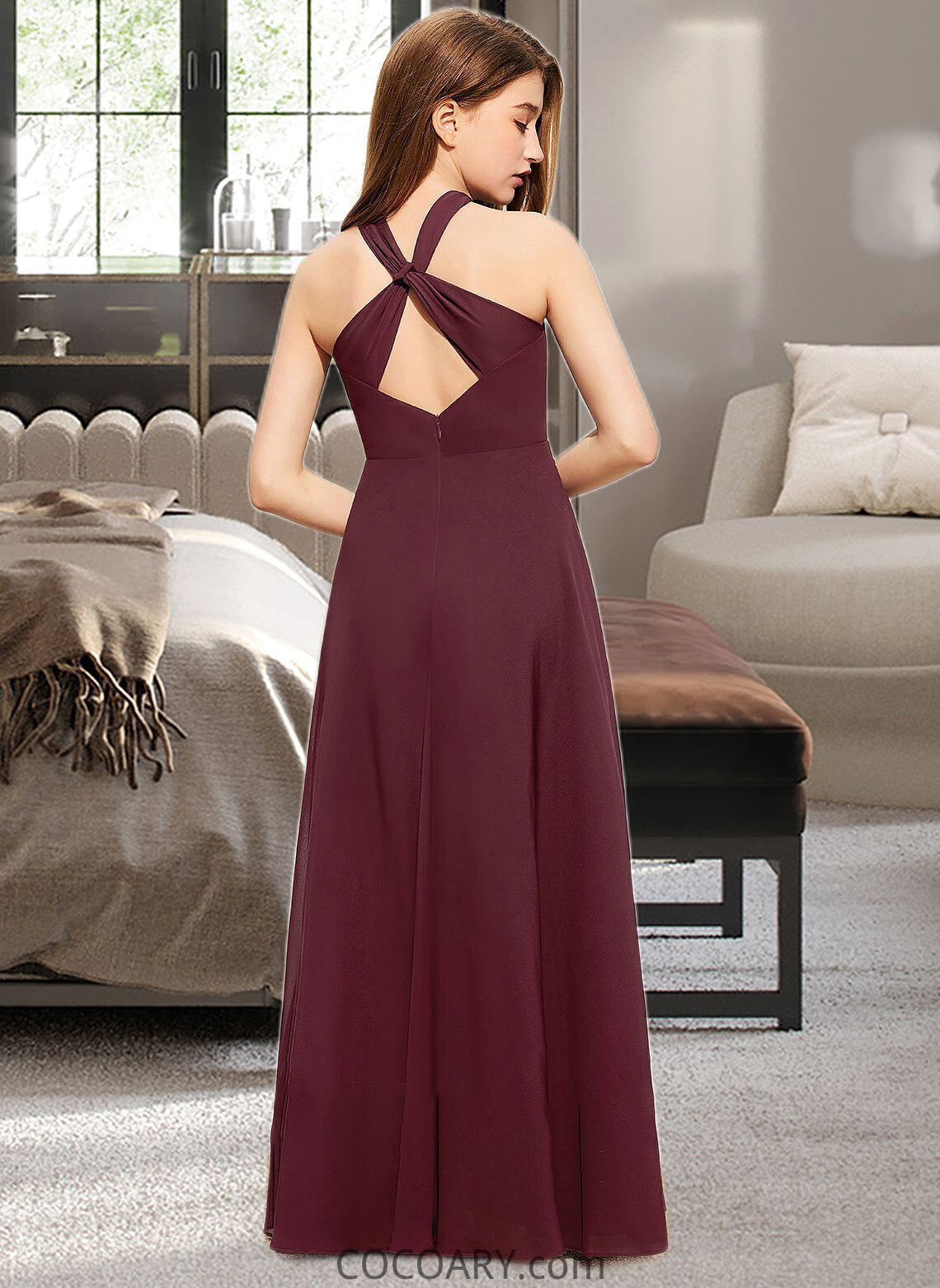 Briana A-Line V-neck Floor-Length Chiffon Junior Bridesmaid Dress With Ruffle DA8P0013468