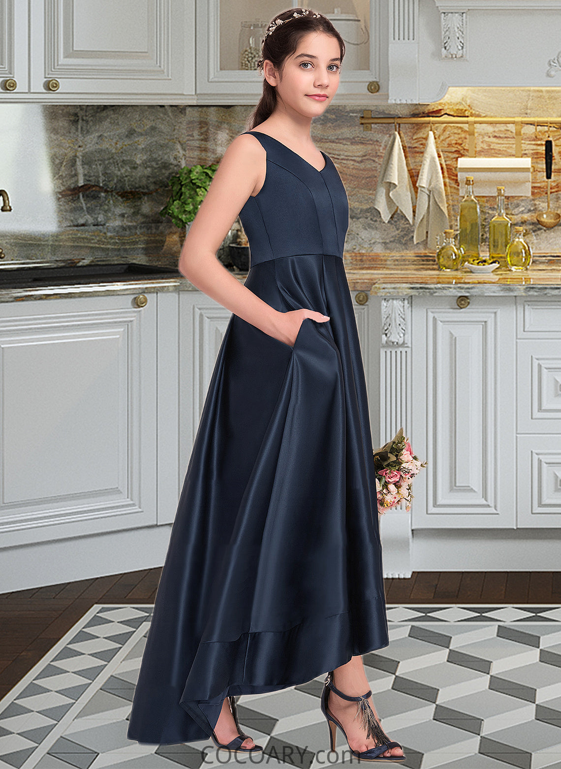 Emmy A-Line V-neck Asymmetrical Satin Junior Bridesmaid Dress DA8P0013471