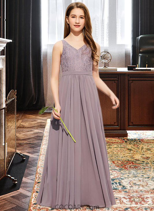 Alexa A-Line V-neck Floor-Length Chiffon Lace Junior Bridesmaid Dress DA8P0013476