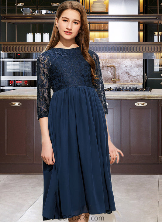 Aliza A-Line Scoop Neck Tea-Length Chiffon Lace Junior Bridesmaid Dress DA8P0013477