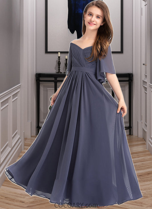 Hayden A-Line Off-the-Shoulder Floor-Length Chiffon Junior Bridesmaid Dress With Ruffle Bow(s) DA8P0013479