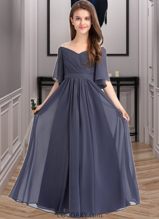 Hayden A-Line Off-the-Shoulder Floor-Length Chiffon Junior Bridesmaid Dress With Ruffle Bow(s) DA8P0013479