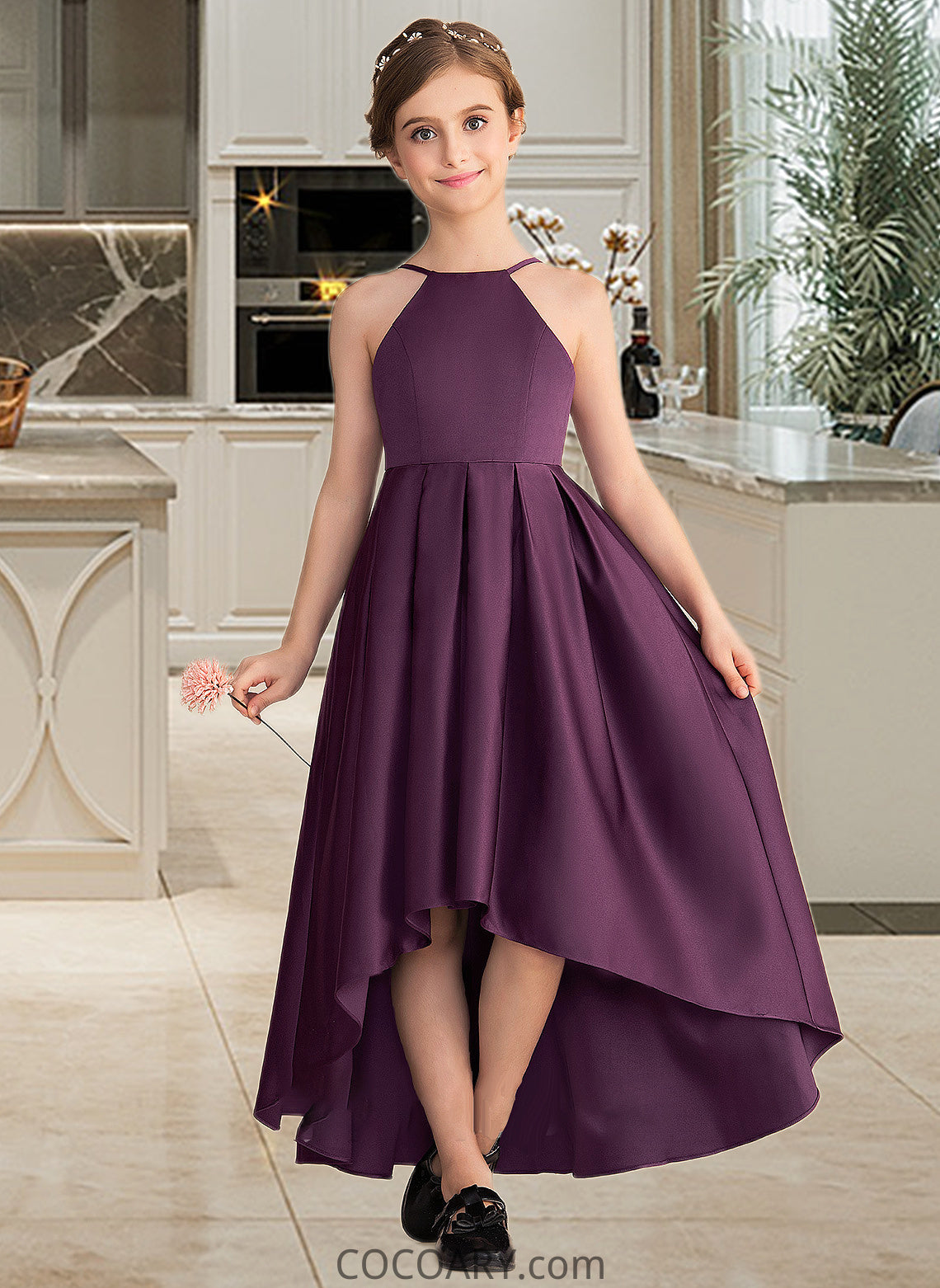 Helga A-Line Scoop Neck Asymmetrical Satin Junior Bridesmaid Dress With Ruffle DA8P0013481