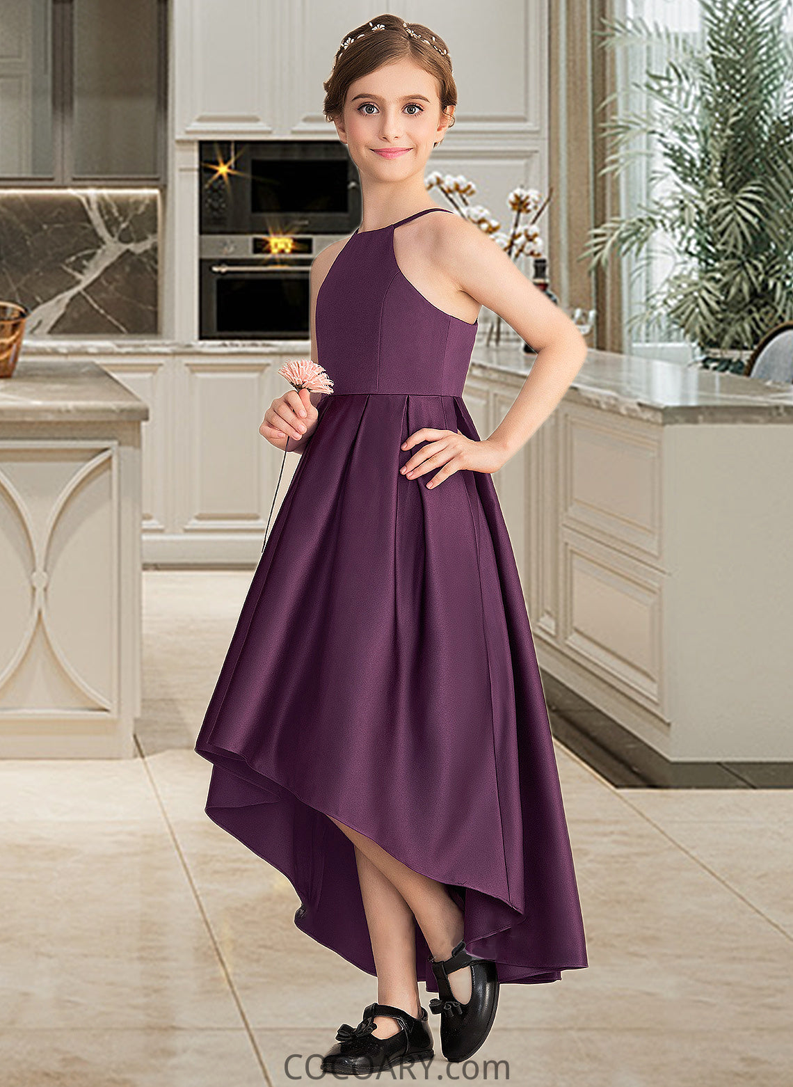 Helga A-Line Scoop Neck Asymmetrical Satin Junior Bridesmaid Dress With Ruffle DA8P0013481