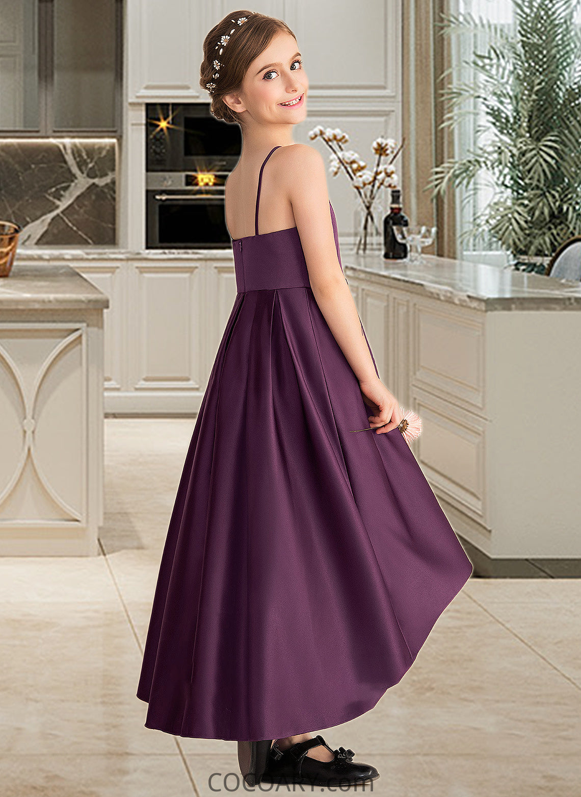 Helga A-Line Scoop Neck Asymmetrical Satin Junior Bridesmaid Dress With Ruffle DA8P0013481