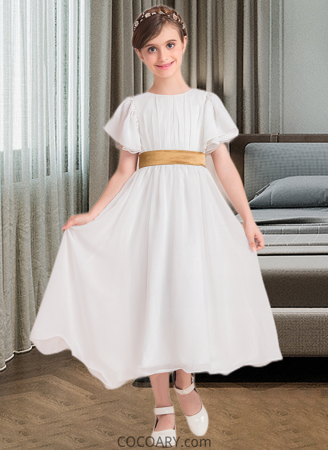 Madilyn A-Line Scoop Neck Tea-Length Chiffon Junior Bridesmaid Dress With Ruffle Sash DA8P0013482