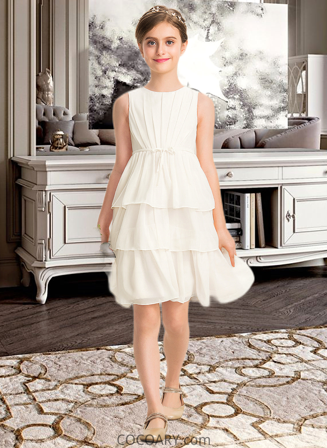 Dayami A-Line Scoop Neck Knee-Length Chiffon Junior Bridesmaid Dress With Bow(s) Cascading Ruffles DA8P0013487