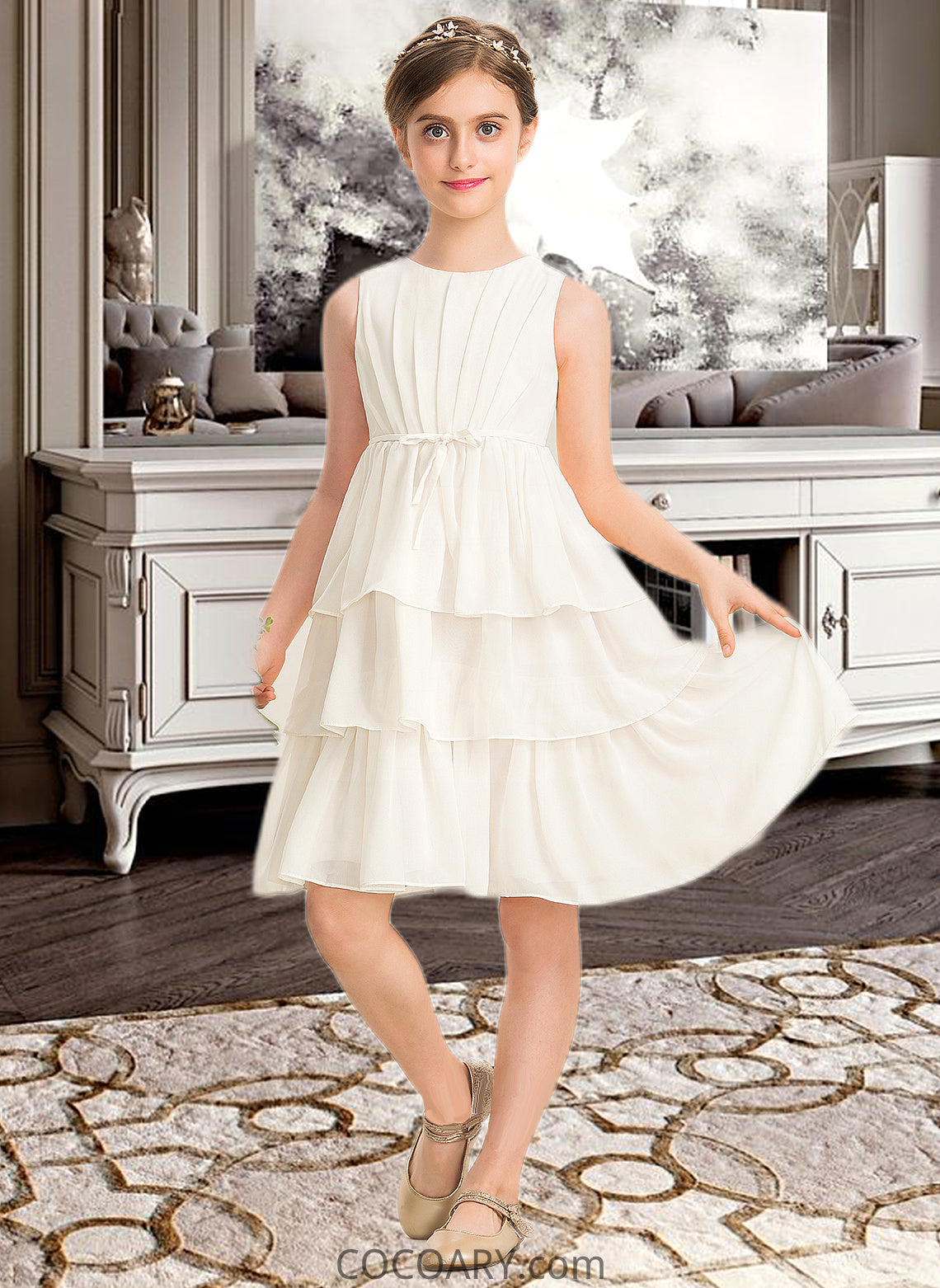 Dayami A-Line Scoop Neck Knee-Length Chiffon Junior Bridesmaid Dress With Bow(s) Cascading Ruffles DA8P0013487