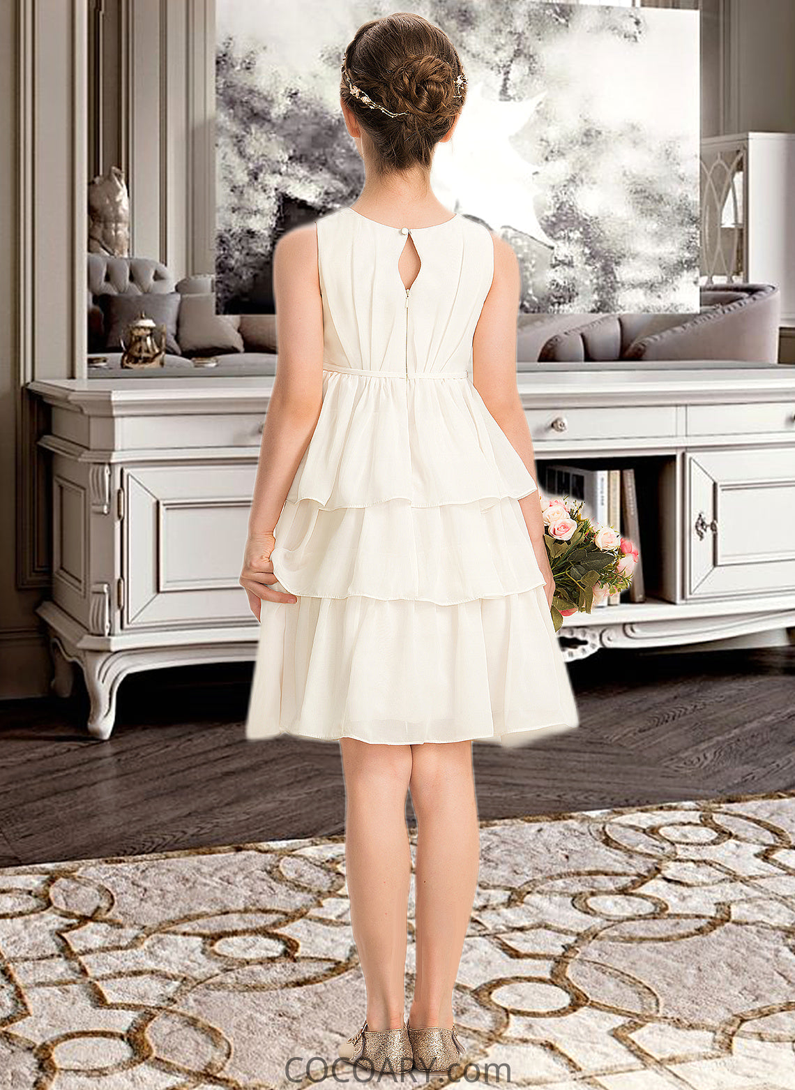 Dayami A-Line Scoop Neck Knee-Length Chiffon Junior Bridesmaid Dress With Bow(s) Cascading Ruffles DA8P0013487