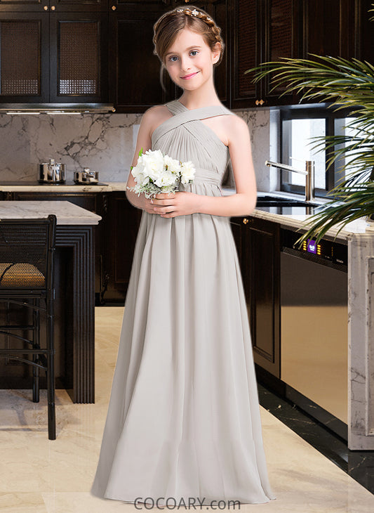 Gisselle A-Line V-neck Floor-Length Chiffon Junior Bridesmaid Dress With Ruffle Bow(s) DA8P0013491