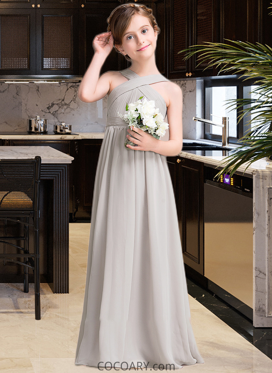 Gisselle A-Line V-neck Floor-Length Chiffon Junior Bridesmaid Dress With Ruffle Bow(s) DA8P0013491