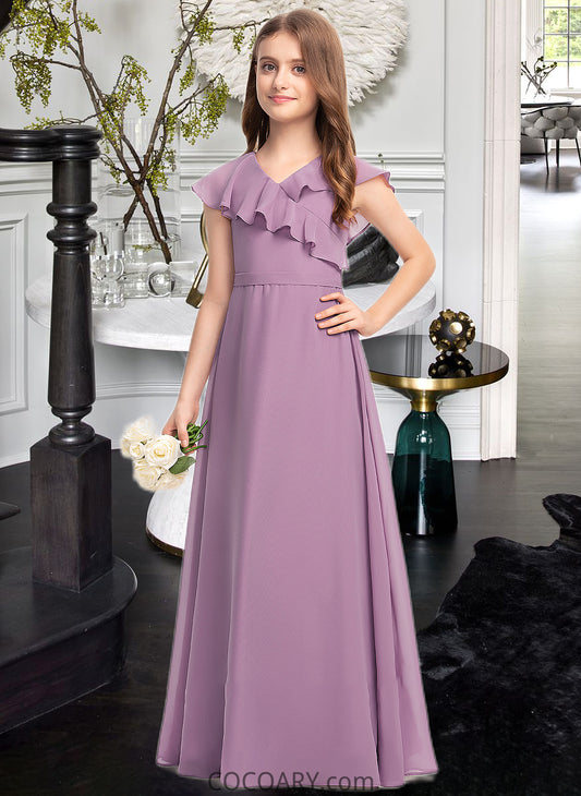 Laney A-Line V-neck Floor-Length Chiffon Junior Bridesmaid Dress With Bow(s) Cascading Ruffles DA8P0013494