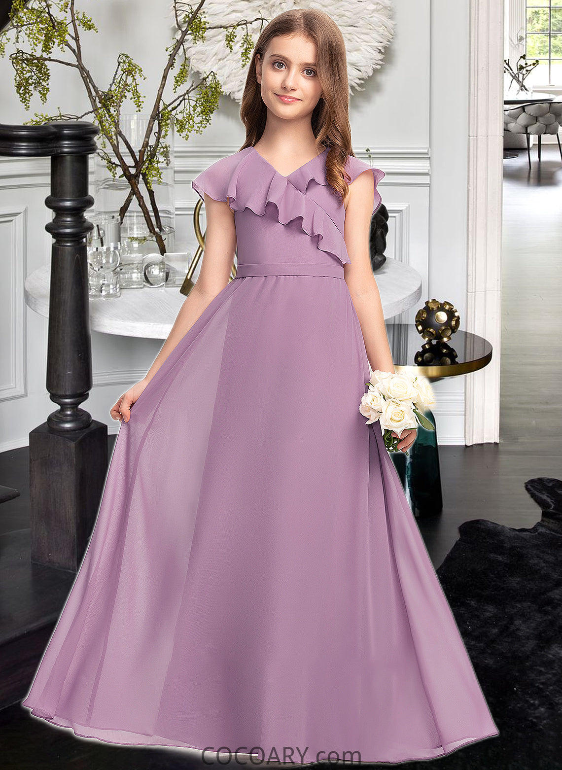 Laney A-Line V-neck Floor-Length Chiffon Junior Bridesmaid Dress With Bow(s) Cascading Ruffles DA8P0013494