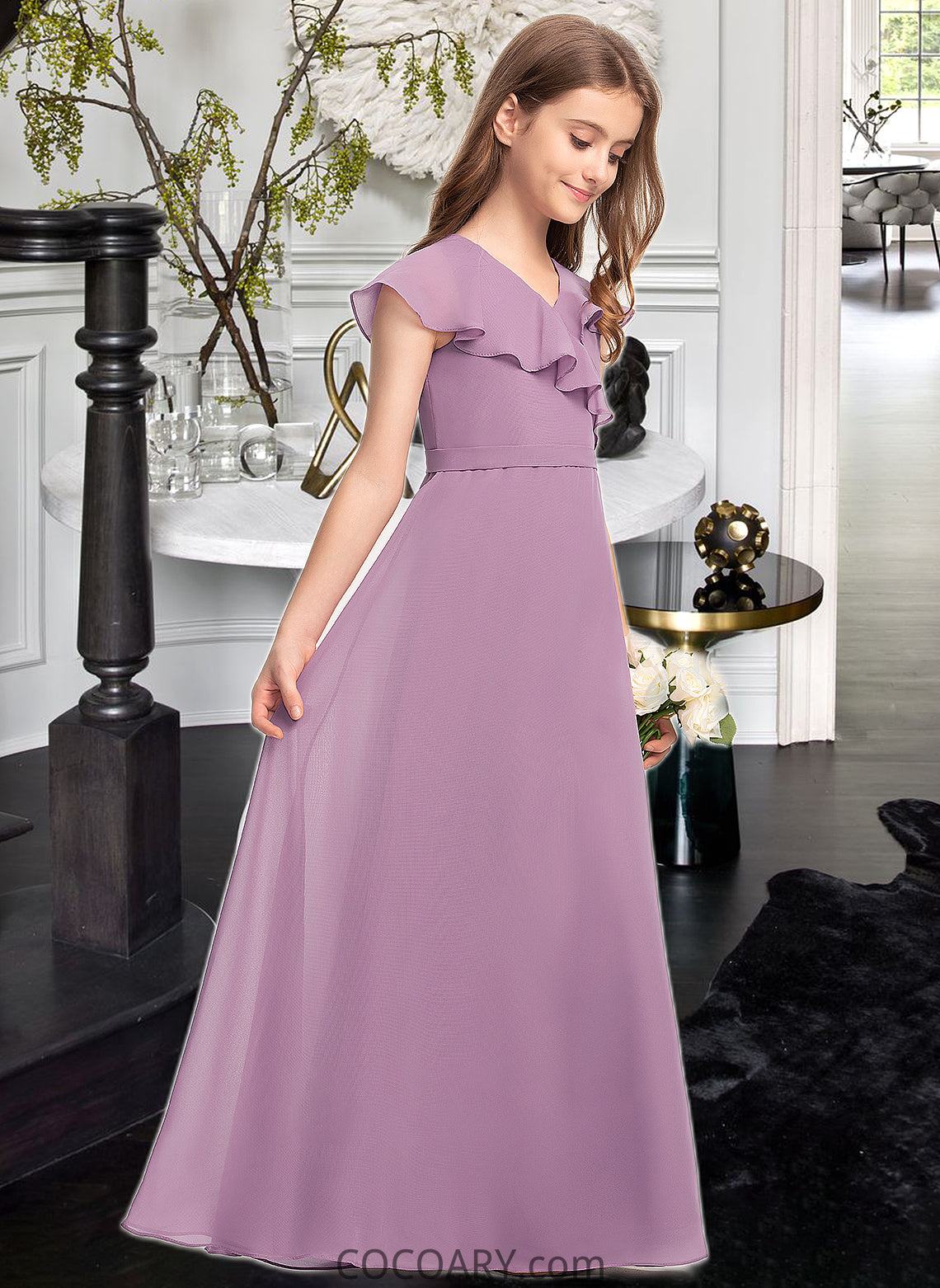 Laney A-Line V-neck Floor-Length Chiffon Junior Bridesmaid Dress With Bow(s) Cascading Ruffles DA8P0013494