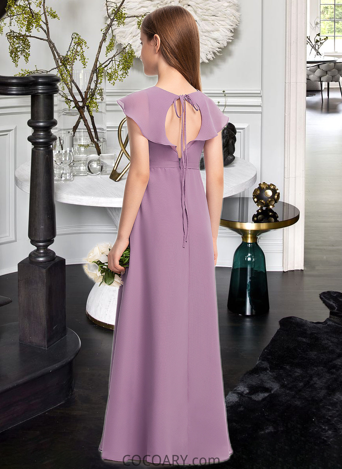 Laney A-Line V-neck Floor-Length Chiffon Junior Bridesmaid Dress With Bow(s) Cascading Ruffles DA8P0013494