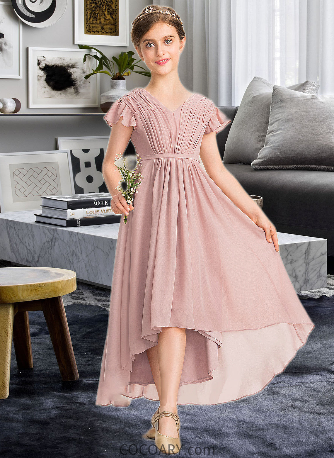 Shea A-Line V-neck Asymmetrical Chiffon Junior Bridesmaid Dress With Bow(s) Cascading Ruffles DA8P0013496