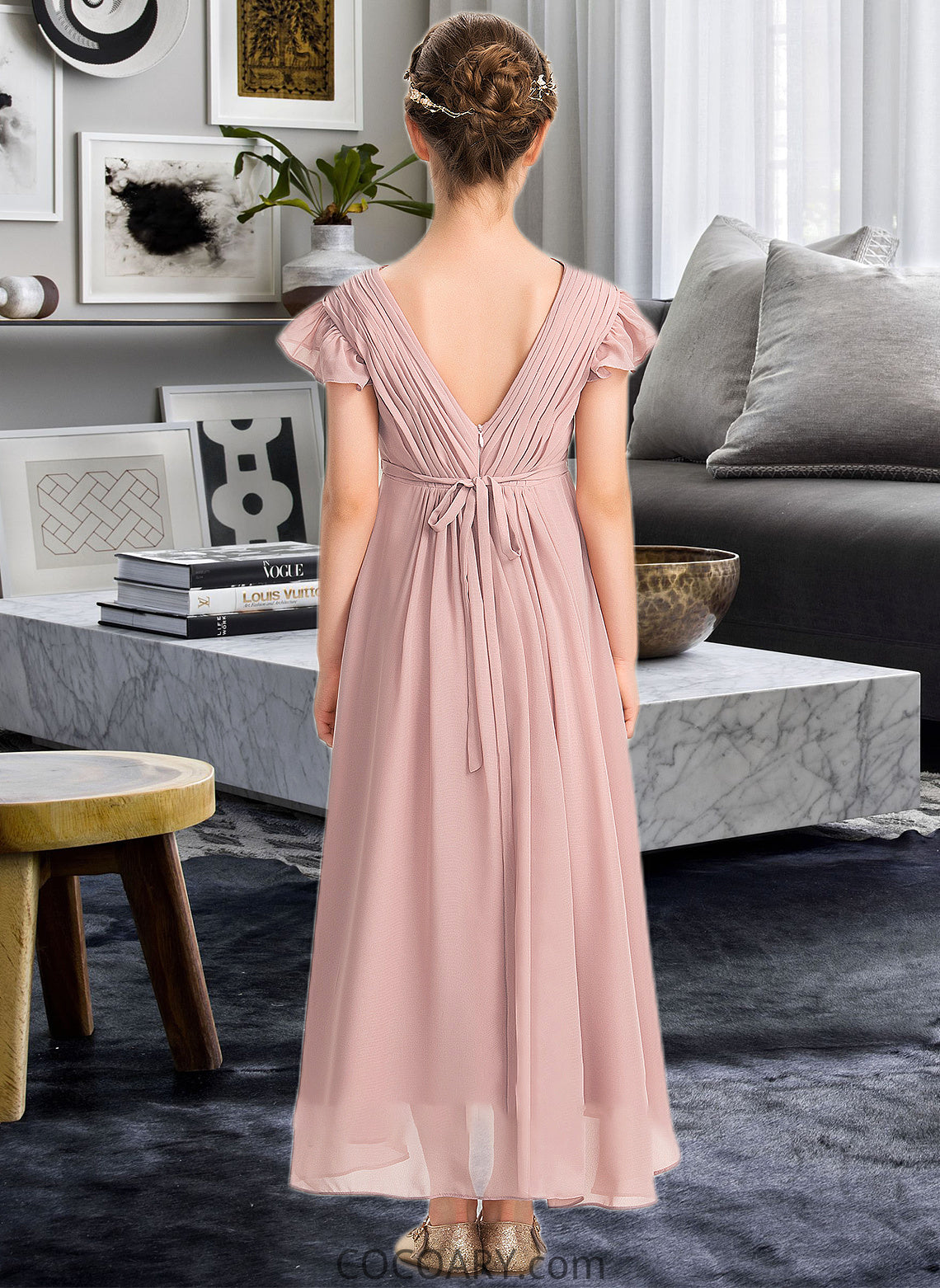 Shea A-Line V-neck Asymmetrical Chiffon Junior Bridesmaid Dress With Bow(s) Cascading Ruffles DA8P0013496