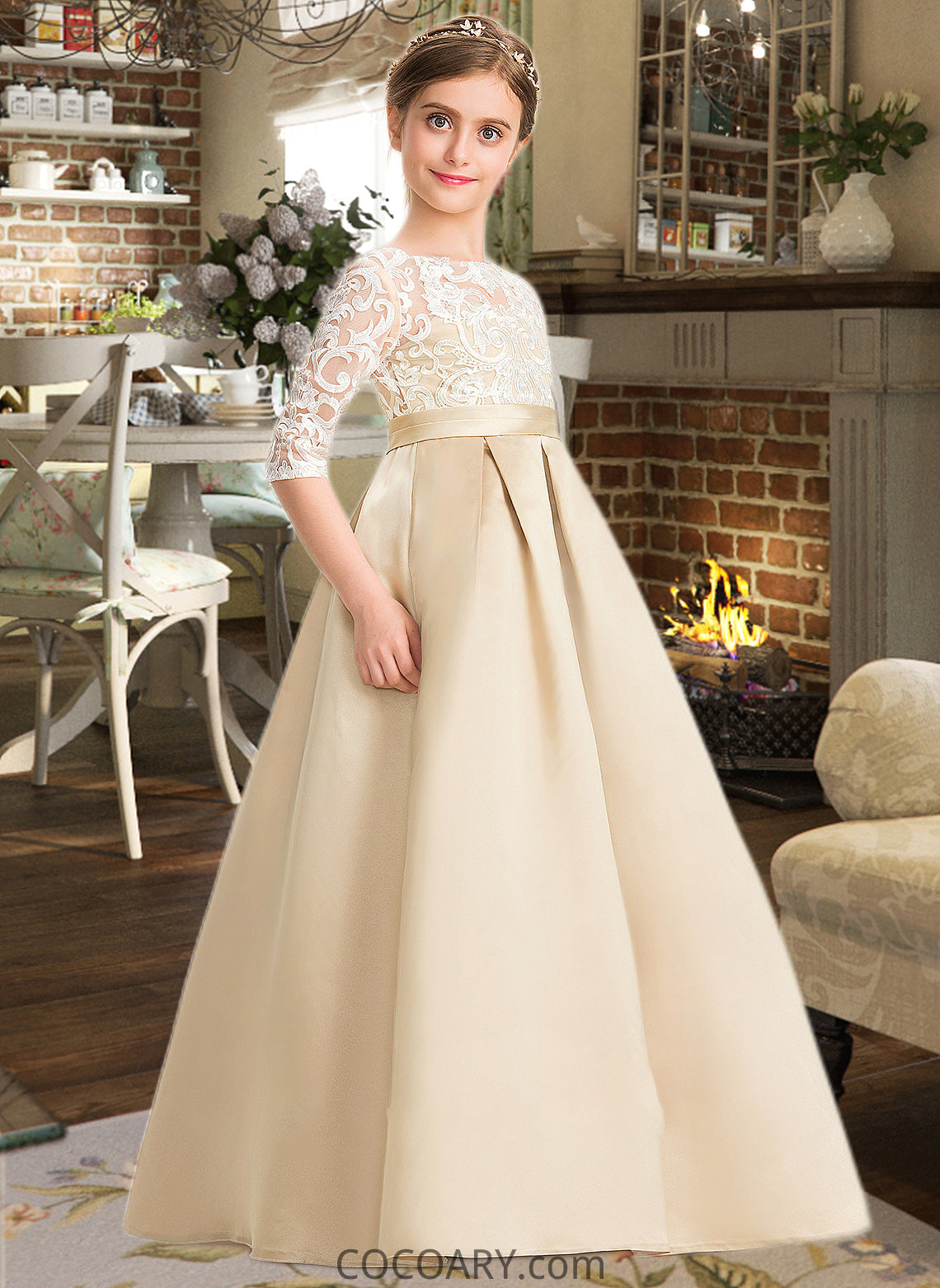 Charlie Ball-Gown/Princess Scoop Neck Floor-Length Satin Lace Junior Bridesmaid Dress DA8P0013498