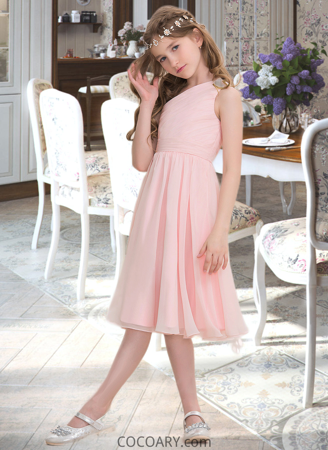 Alondra A-Line One-Shoulder Knee-Length Chiffon Junior Bridesmaid Dress With Ruffle DA8P0013499