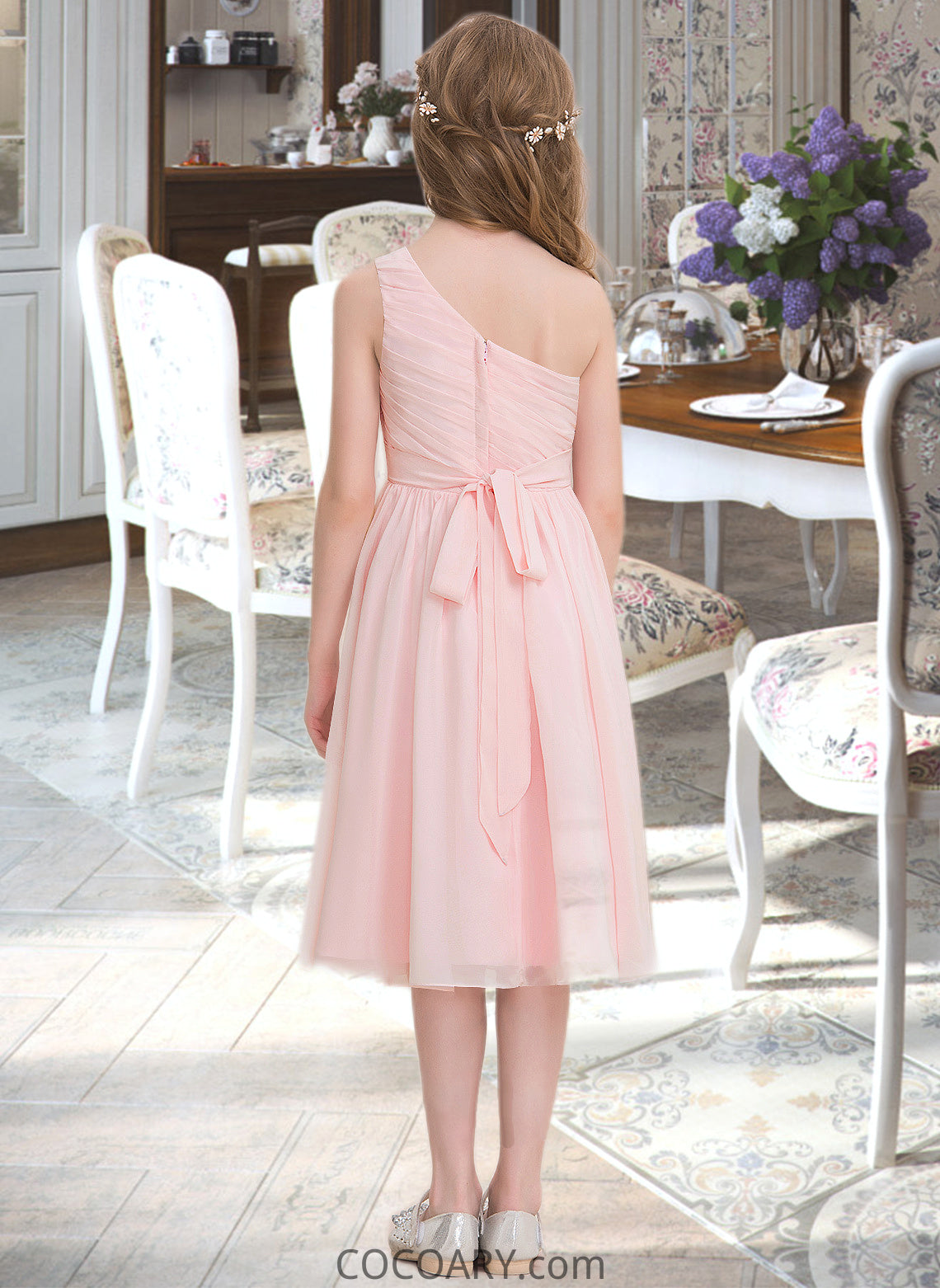 Alondra A-Line One-Shoulder Knee-Length Chiffon Junior Bridesmaid Dress With Ruffle DA8P0013499