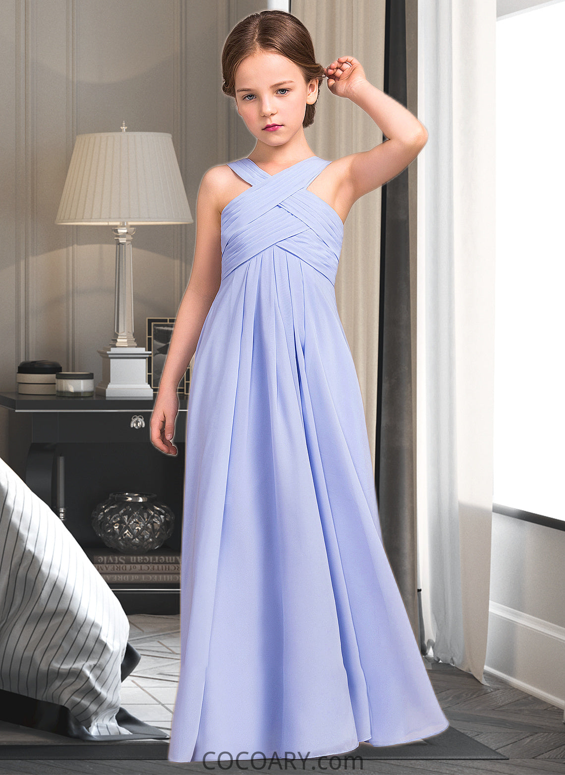 Jemima A-Line V-neck Floor-Length Chiffon Junior Bridesmaid Dress With Ruffle DA8P0013501