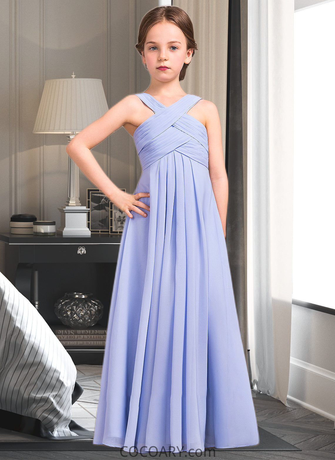 Jemima A-Line V-neck Floor-Length Chiffon Junior Bridesmaid Dress With Ruffle DA8P0013501