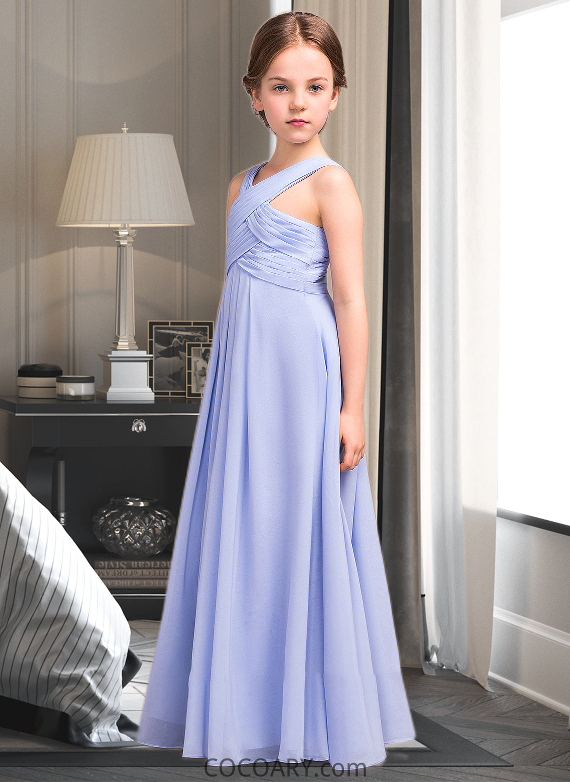 Jemima A-Line V-neck Floor-Length Chiffon Junior Bridesmaid Dress With Ruffle DA8P0013501