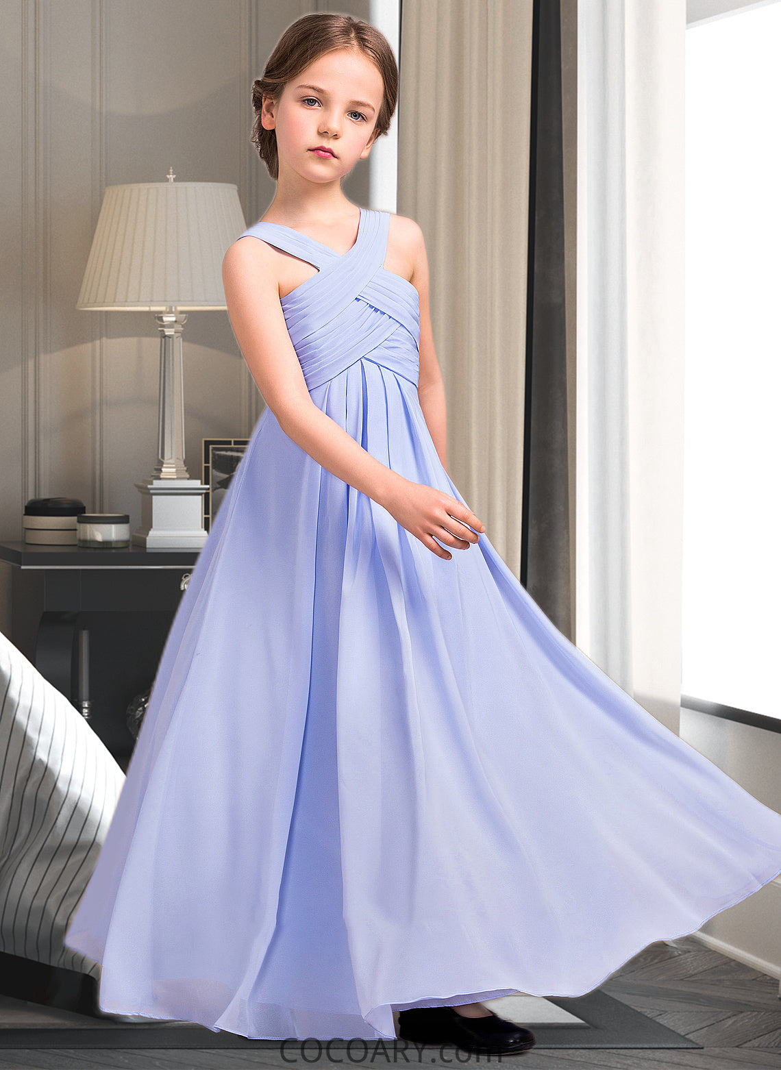 Jemima A-Line V-neck Floor-Length Chiffon Junior Bridesmaid Dress With Ruffle DA8P0013501