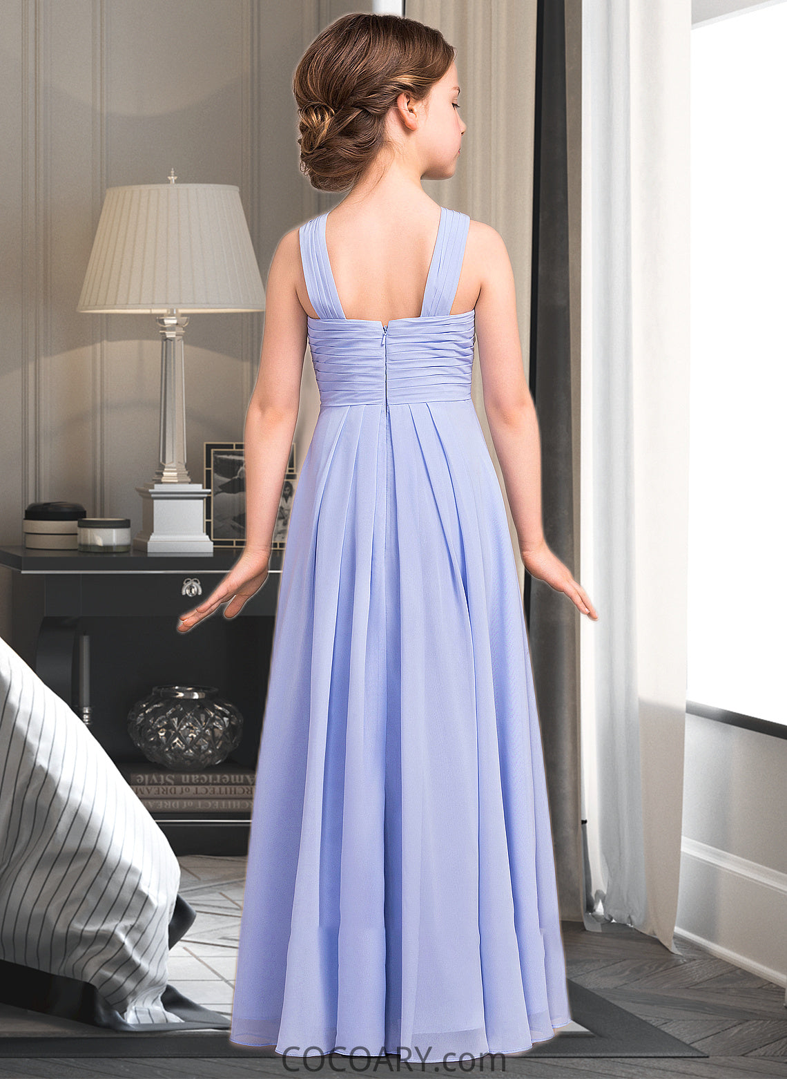 Jemima A-Line V-neck Floor-Length Chiffon Junior Bridesmaid Dress With Ruffle DA8P0013501