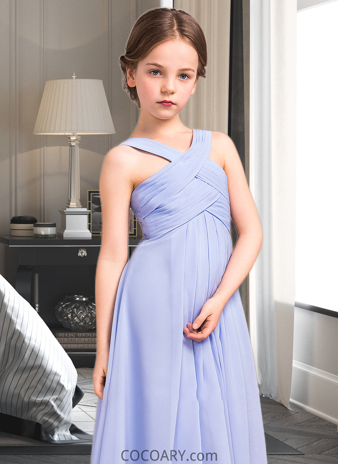 Jemima A-Line V-neck Floor-Length Chiffon Junior Bridesmaid Dress With Ruffle DA8P0013501