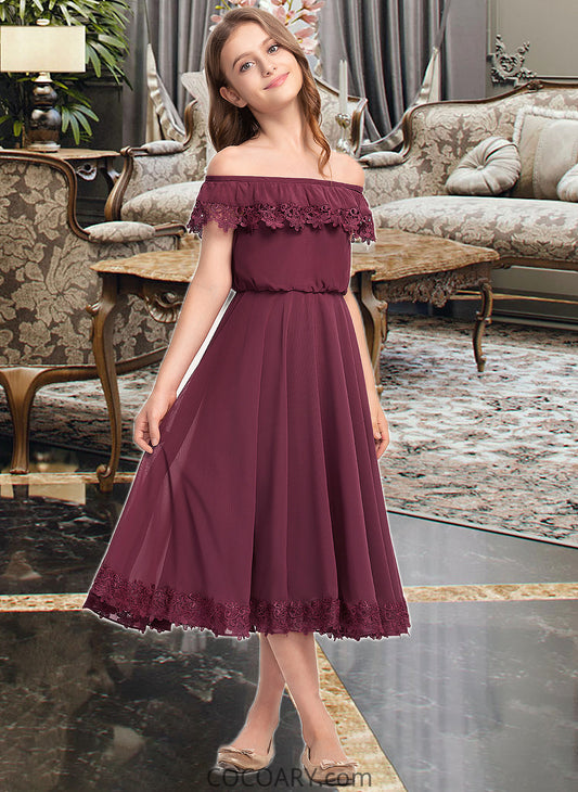 Jakayla A-Line Off-the-Shoulder Tea-Length Chiffon Lace Junior Bridesmaid Dress DA8P0013505