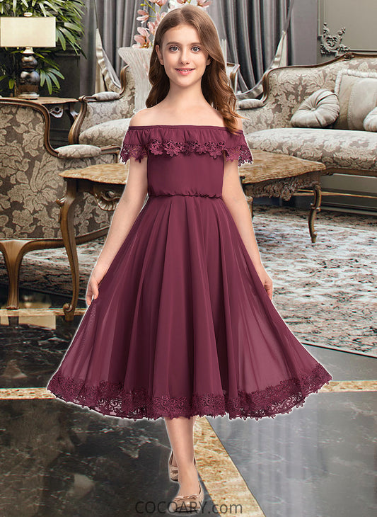 Jakayla A-Line Off-the-Shoulder Tea-Length Chiffon Lace Junior Bridesmaid Dress DA8P0013505