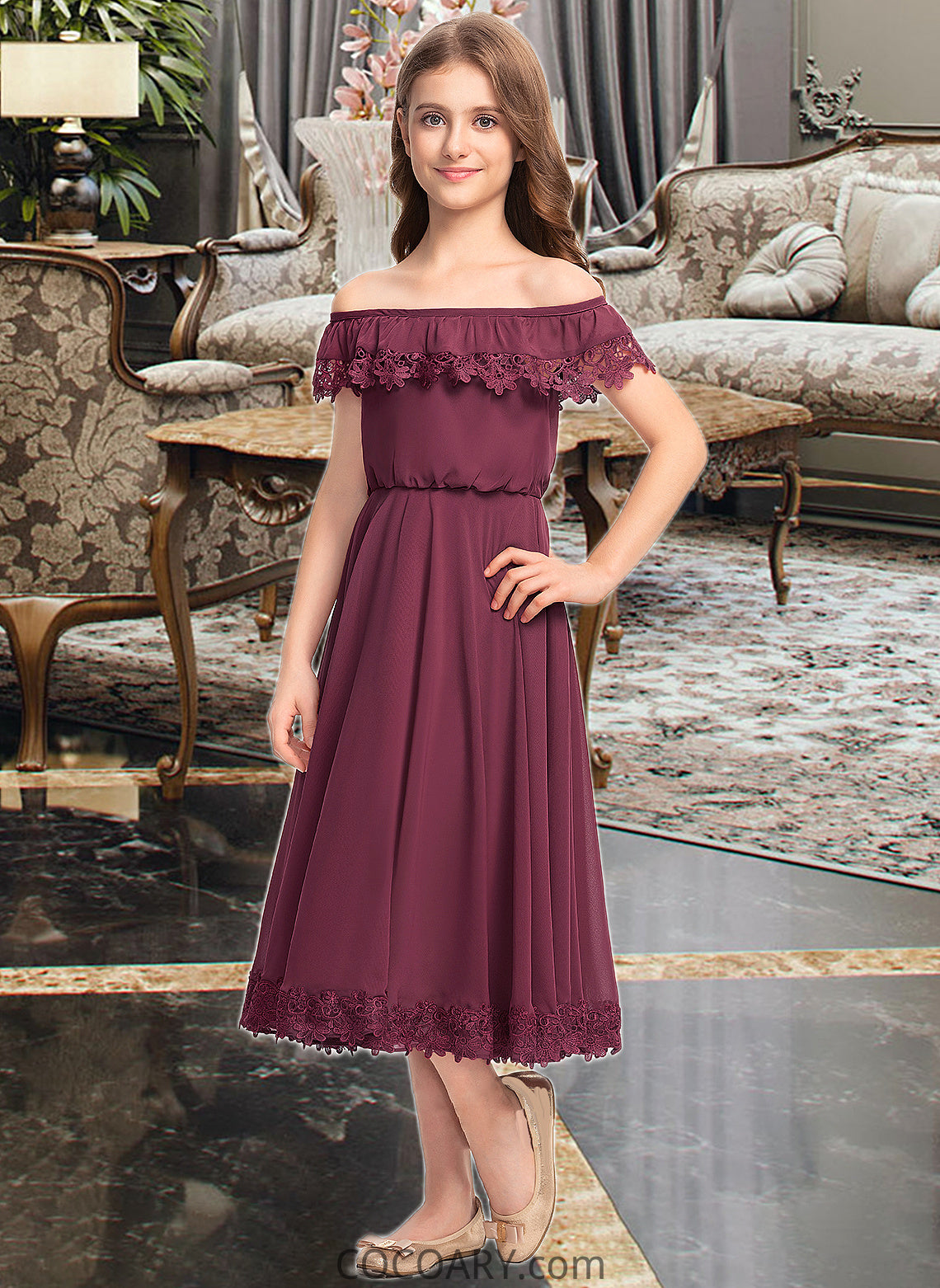 Jakayla A-Line Off-the-Shoulder Tea-Length Chiffon Lace Junior Bridesmaid Dress DA8P0013505