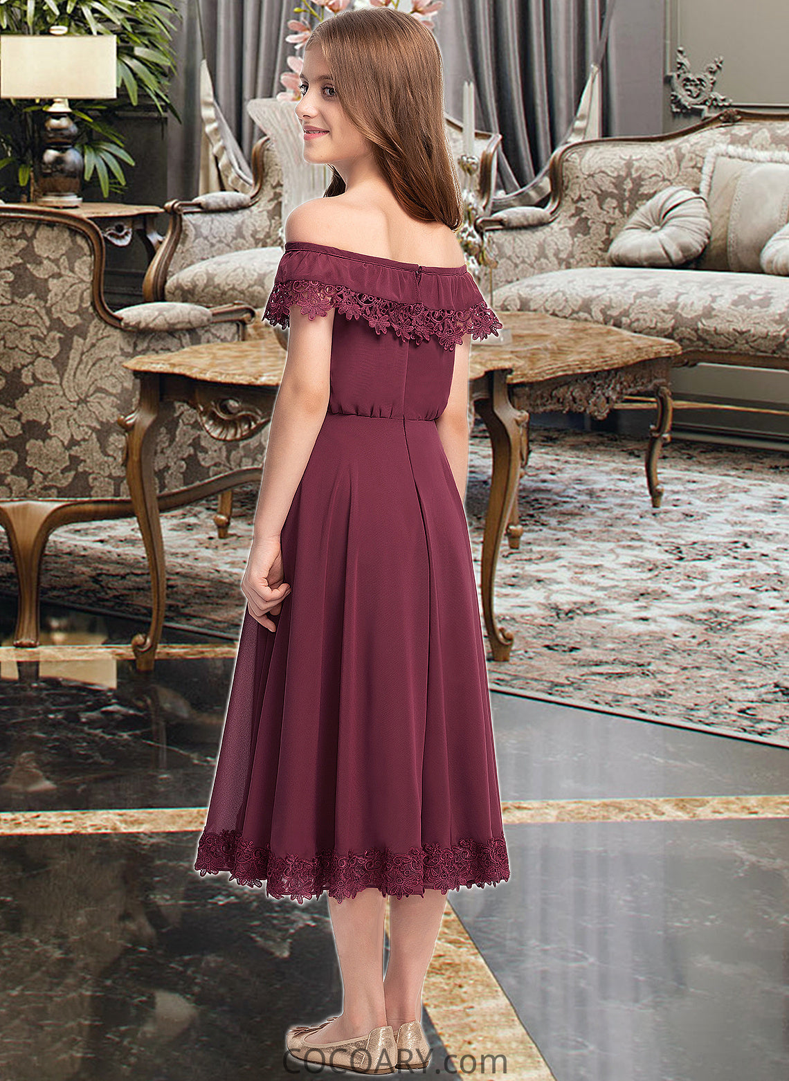 Jakayla A-Line Off-the-Shoulder Tea-Length Chiffon Lace Junior Bridesmaid Dress DA8P0013505