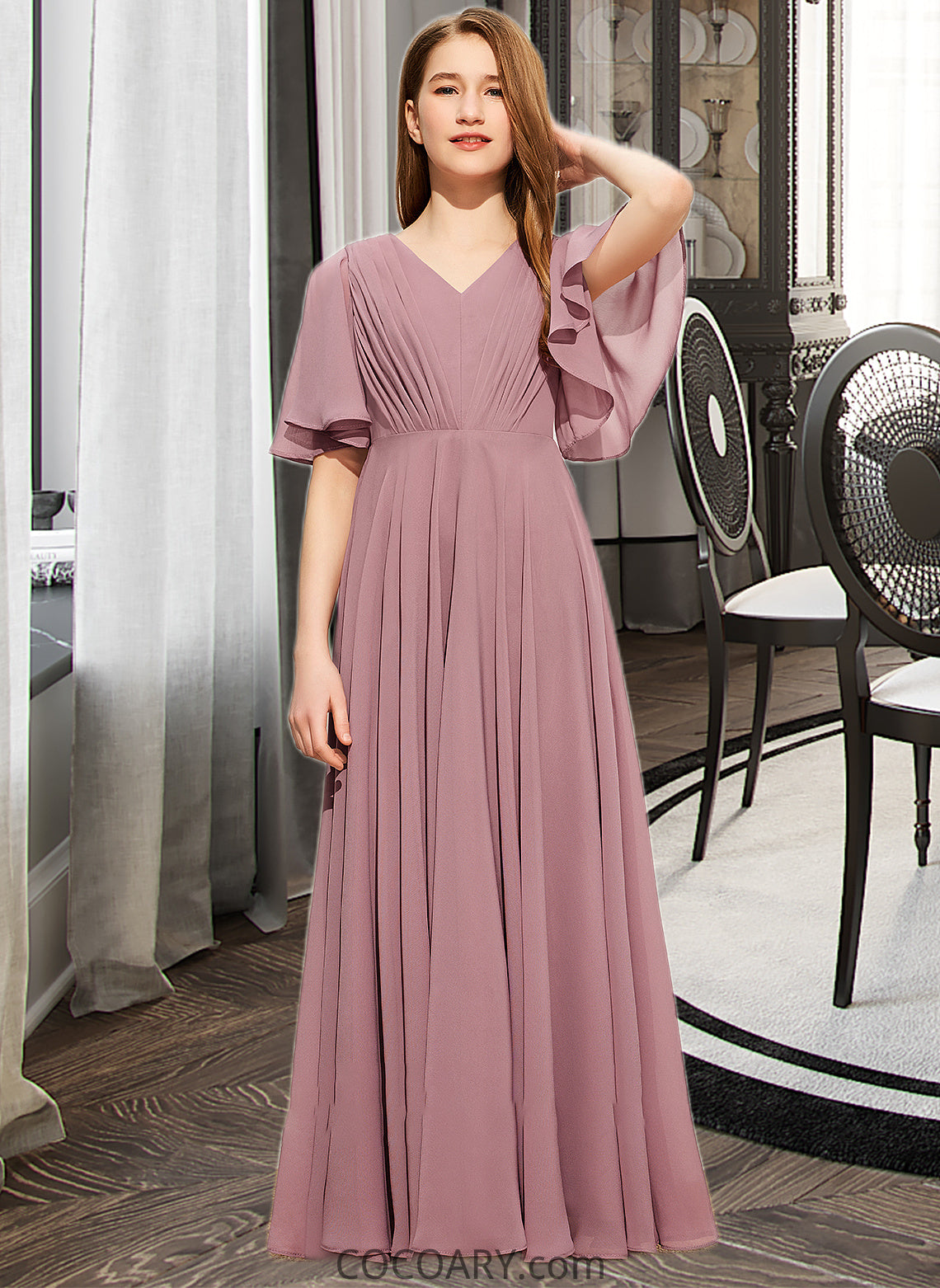 Madelynn A-Line V-neck Floor-Length Chiffon Junior Bridesmaid Dress With Ruffle DA8P0013510