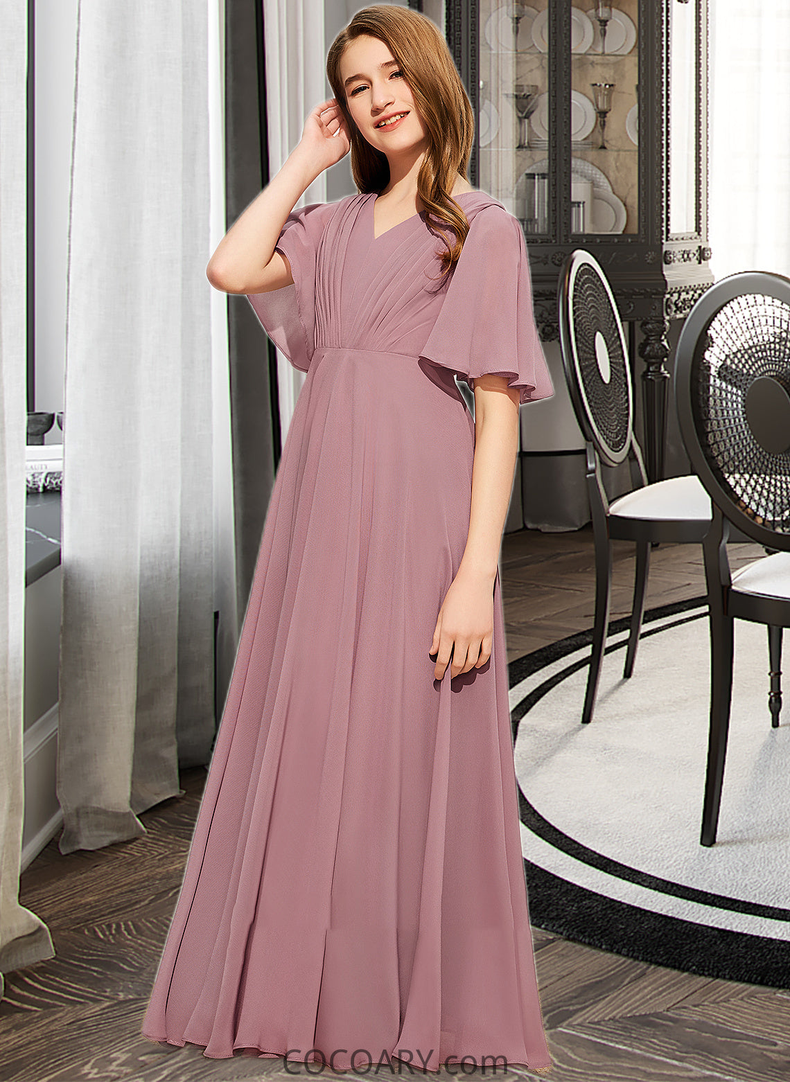 Madelynn A-Line V-neck Floor-Length Chiffon Junior Bridesmaid Dress With Ruffle DA8P0013510