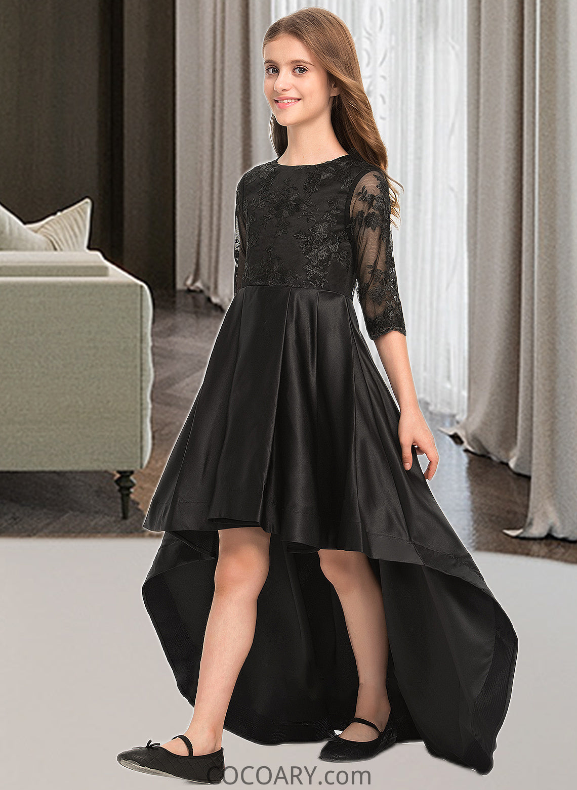 Camila A-Line Scoop Neck Asymmetrical Satin Lace Junior Bridesmaid Dress With Ruffle DA8P0013511